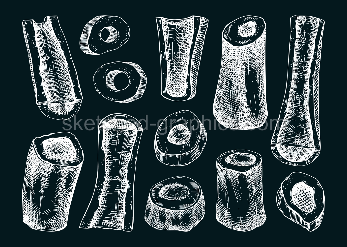 Big marrowbone with meat sketches set. Raw bones isolated on chalkboard. Hand drawn ingredients, healthy food illustration for butchery, recipes, menu in vintage style.  Illustration